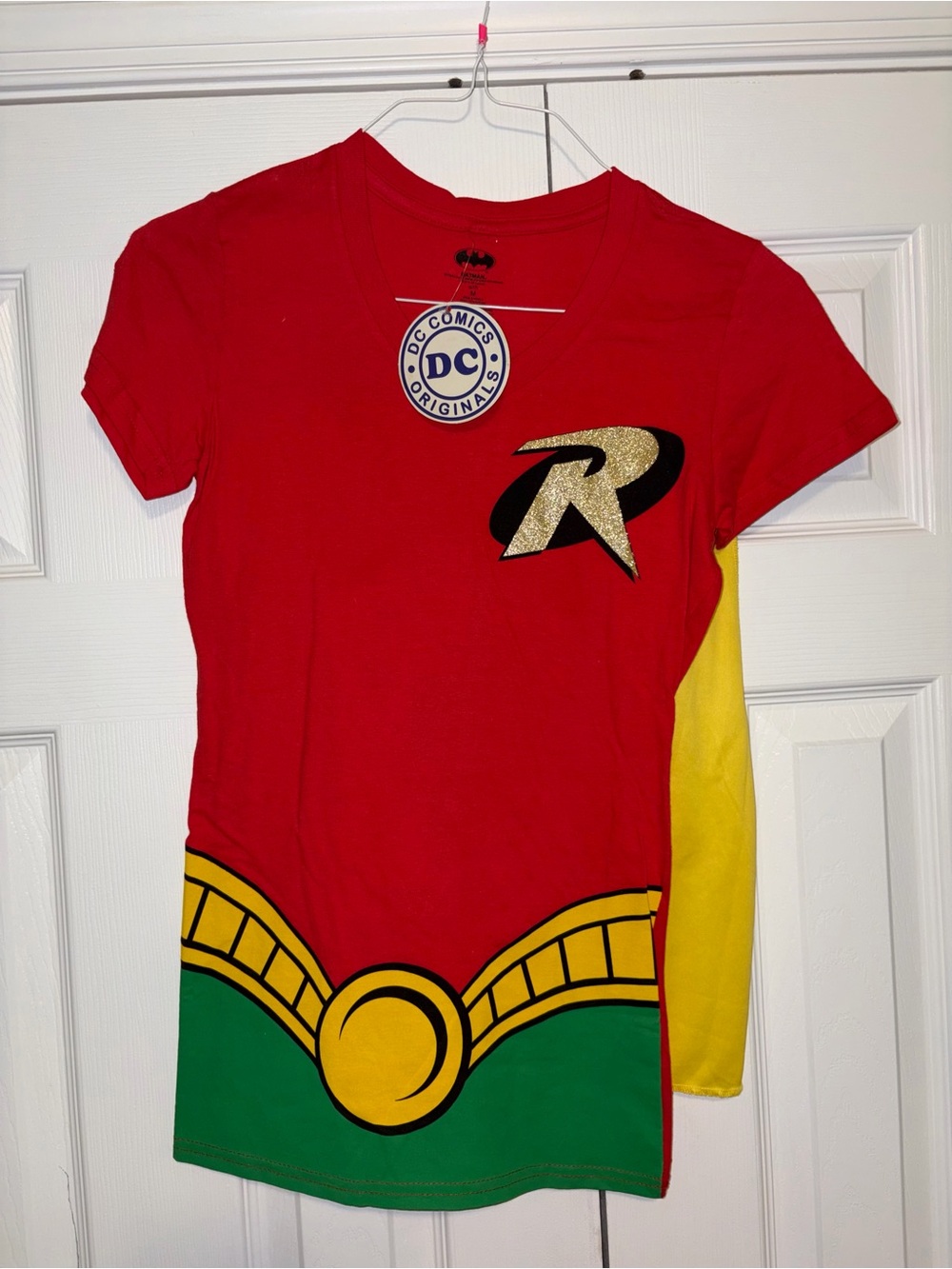 DC Comics Batman Robin Costume T-Shirt Dress w/ Cape Cotton Red Yellow Green M